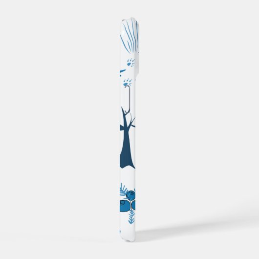 Patroon van bomen, uilen, pijnbomen en sneeuwvlokk iPhone 15 case (Rechterkant)