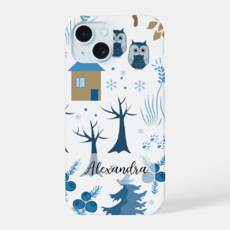 Patroon van bomen, uilen, pijnbomen en sneeuwvlokk iPhone 15 case