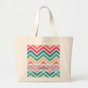 Patroon van de Chevron van de Rood van de Perzik Grote Tote Bag