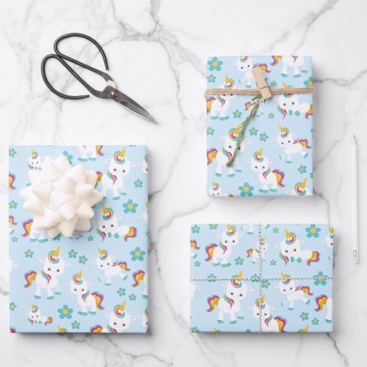 Patroon van de Unicorns, Cute Unicorns, Flowers Inpakpapier Vel (Voorkant)