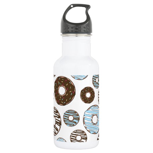 Patroon van donuts, blauwe donuts, bruine donuts waterfles  (Voorkant)