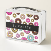 Patroon van donuts, kleurrijke donuts, Jouw naam (Achterkant)