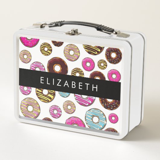 Patroon van donuts, kleurrijke donuts, Jouw naam (Voorkant)