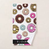 Patroon van donuts, kleurrijke donuts, Jouw naam Bad Handdoek (Handdoek)