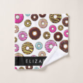 Patroon van donuts, kleurrijke donuts, Jouw naam Bad Handdoek (Wasdoekje)
