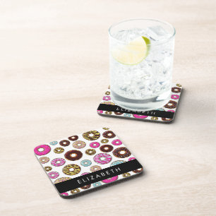 Patroon van donuts, kleurrijke donuts, Jouw naam Bier Onderzetter