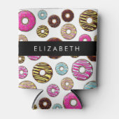 Patroon van donuts, kleurrijke donuts, Jouw naam Blikjeskoeler (Voorkant)