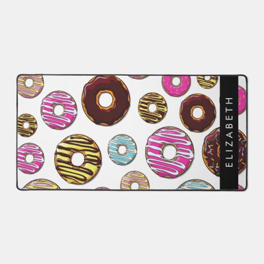 Patroon van donuts, kleurrijke donuts, Jouw naam Bureaumat (Voorkant)