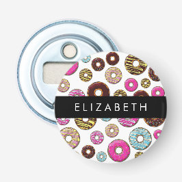 Patroon van donuts, kleurrijke donuts, Jouw naam Button Flesopener