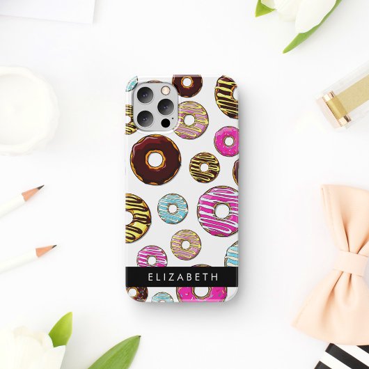 Patroon van donuts, kleurrijke donuts, Jouw naam Case-Mate iPhone Case