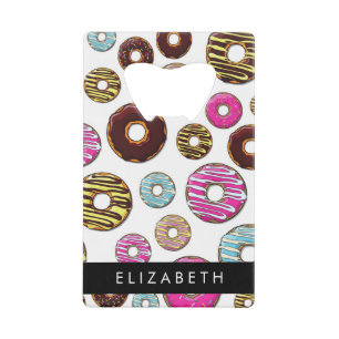 Patroon van donuts, kleurrijke donuts, Jouw naam Creditkaart Flessenopener