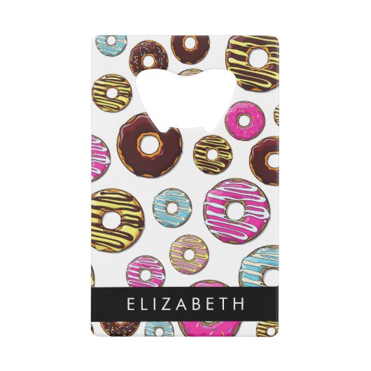 Patroon van donuts, kleurrijke donuts, Jouw naam Creditkaart Flessenopener (Voorkant)