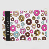 Patroon van donuts, kleurrijke donuts, Jouw naam Golfhanddoek (Horizontaal)