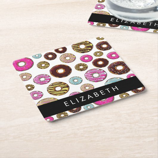 Patroon van donuts, kleurrijke donuts, Jouw naam Kartonnen Onderzetters (Schuin)