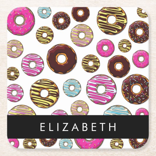 Patroon van donuts, kleurrijke donuts, Jouw naam Kartonnen Onderzetters (Voorkant)