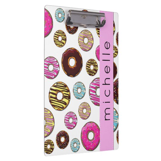 Patroon van donuts, kleurrijke donuts, Jouw naam Klembord (Rechts)