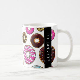 Patroon van donuts, kleurrijke donuts, Jouw naam Koffiemok