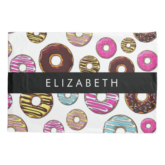 Patroon van donuts, kleurrijke donuts, Jouw naam Kussensloop (Achterkant)
