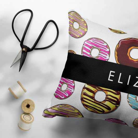 Patroon van donuts, kleurrijke donuts, Jouw naam Kussensloop