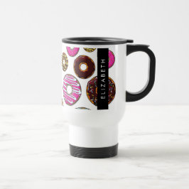 Patroon van donuts, kleurrijke donuts, Jouw naam Reisbeker