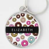 Patroon van donuts, kleurrijke donuts, Jouw naam Sleutelhanger (Voorkant)