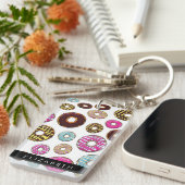 Patroon van donuts, kleurrijke donuts, Jouw naam Sleutelhanger (Voorkant Rechts)