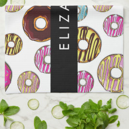 Patroon van donuts, kleurrijke donuts, Jouw naam Theedoek