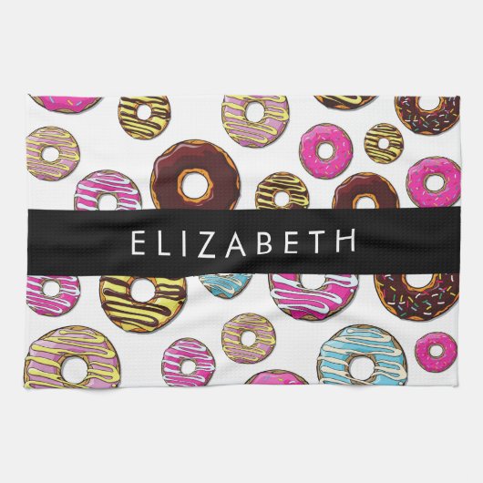 Patroon van donuts, kleurrijke donuts, Jouw naam Theedoek (Horizontaal)