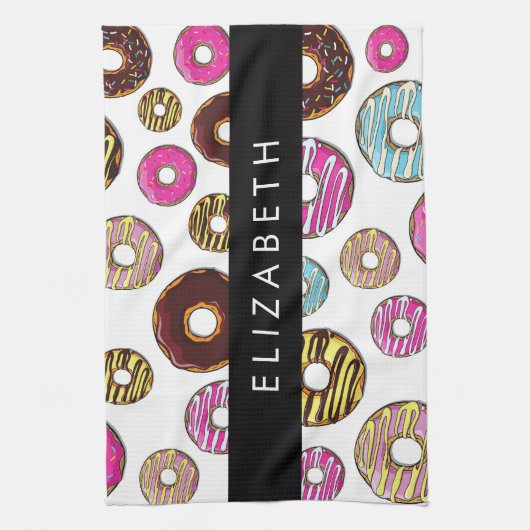 Patroon van donuts, kleurrijke donuts, Jouw naam Theedoek (Verticaal)