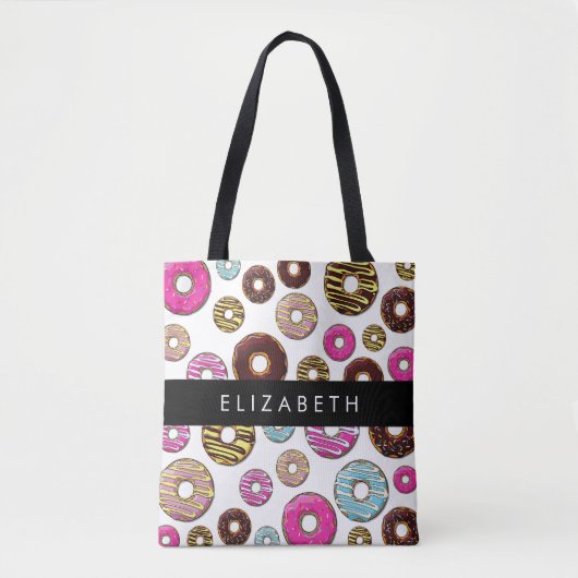 Patroon van donuts, kleurrijke donuts, Jouw naam Tote Bag (Voorkant)