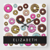 Patroon van donuts, kleurrijke donuts, Jouw naam Vierkante Klok (Voorkant)