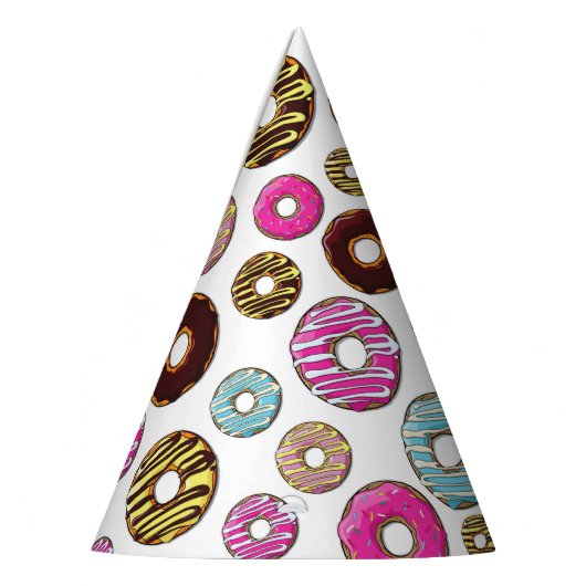 patroon van donuts, kleurrijke donuts, sproeten feesthoedjes (Links)