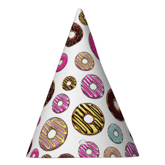 patroon van donuts, kleurrijke donuts, sproeten feesthoedjes (Rechts)