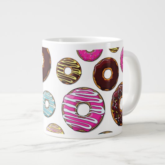 patroon van donuts, kleurrijke donuts, sproeten grote koffiekop (Voorkant rechts)
