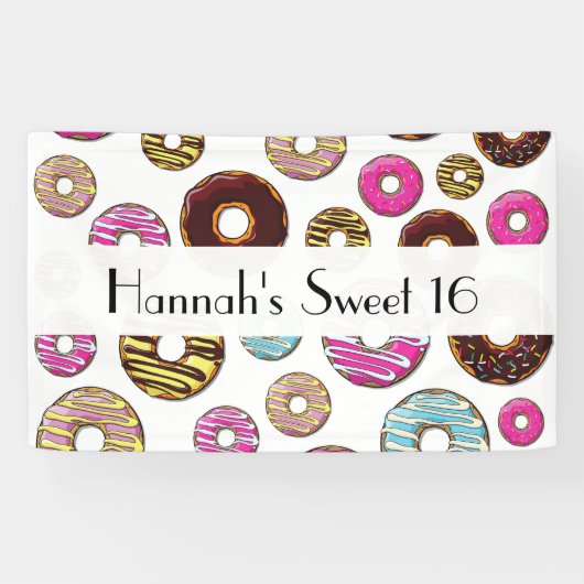 patroon van donuts, kleurrijke donuts, zoet 16 spandoek (Horizontaal)