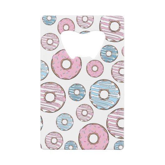 patroon van donuts, roze donuts, blauwe donuts creditkaart flessenopener (Voorkant)