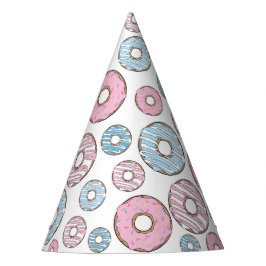 patroon van donuts, roze donuts, blauwe donuts feesthoedjes