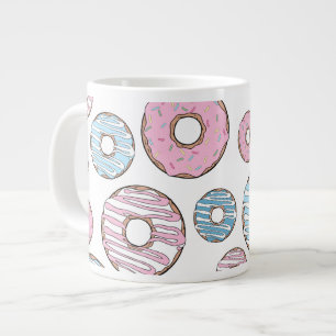 patroon van donuts, roze donuts, blauwe donuts grote koffiekop