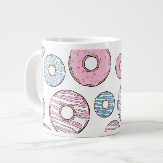 patroon van donuts, roze donuts, blauwe donuts grote koffiekop (Links)