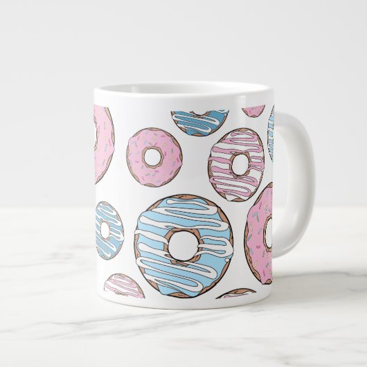 patroon van donuts, roze donuts, blauwe donuts grote koffiekop (Voorkant rechts)