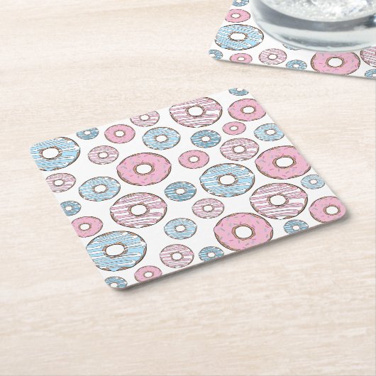 patroon van donuts, roze donuts, blauwe donuts kartonnen onderzetters (Schuin)