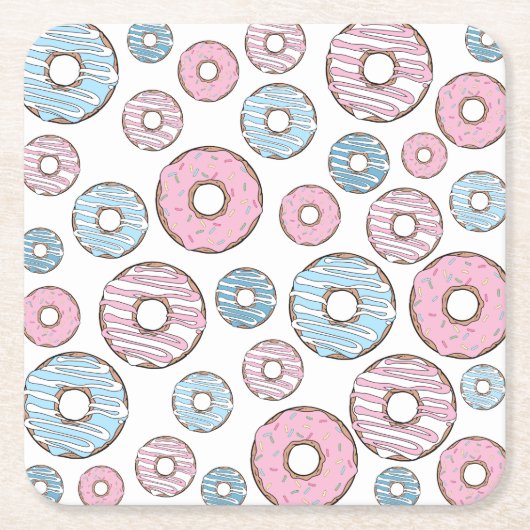 patroon van donuts, roze donuts, blauwe donuts kartonnen onderzetters (Voorkant)
