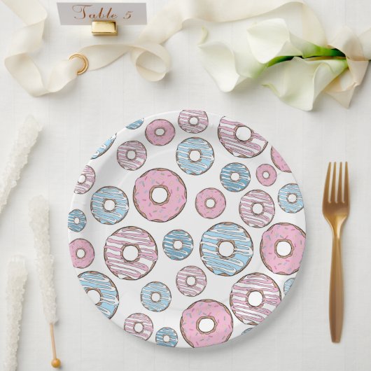 patroon van donuts, roze donuts, blauwe donuts papieren bordje (Huwelijk)