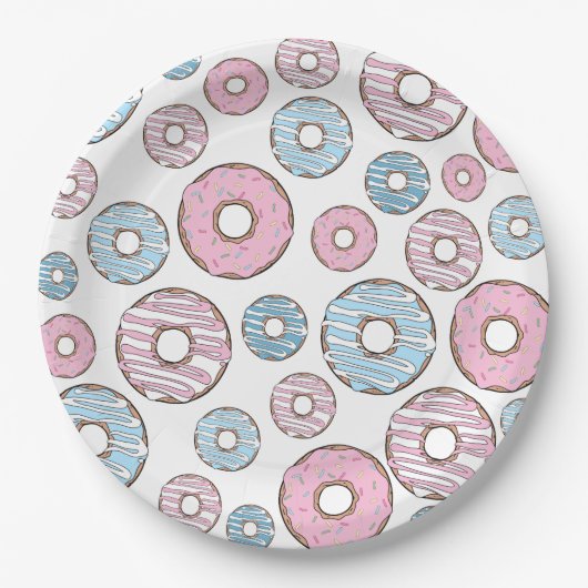 patroon van donuts, roze donuts, blauwe donuts papieren bordje (Voorkant)