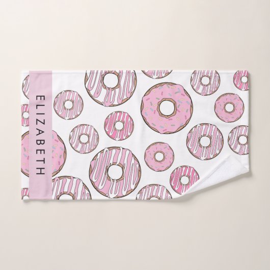 Patroon van donuts, roze donuts, ijs, Jouw naam Bad Handdoek (Handdoek)