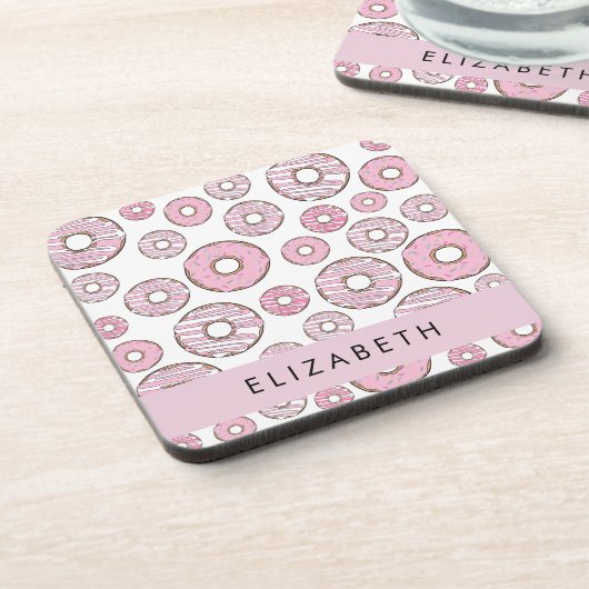 Patroon van donuts, roze donuts, ijs, Jouw naam Bier Onderzetter (Linkerzijde)