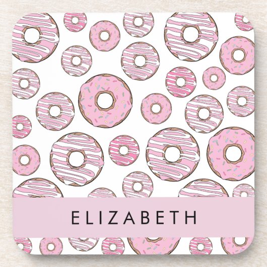 Patroon van donuts, roze donuts, ijs, Jouw naam Bier Onderzetter (Voorkant)