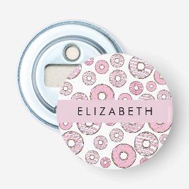 Patroon van donuts, roze donuts, ijs, Jouw naam Button Flesopener