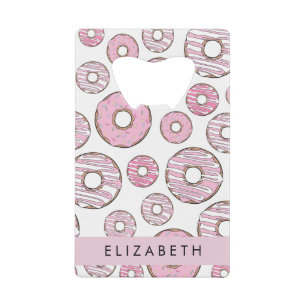 Patroon van donuts, roze donuts, ijs, Jouw naam Creditkaart Flessenopener