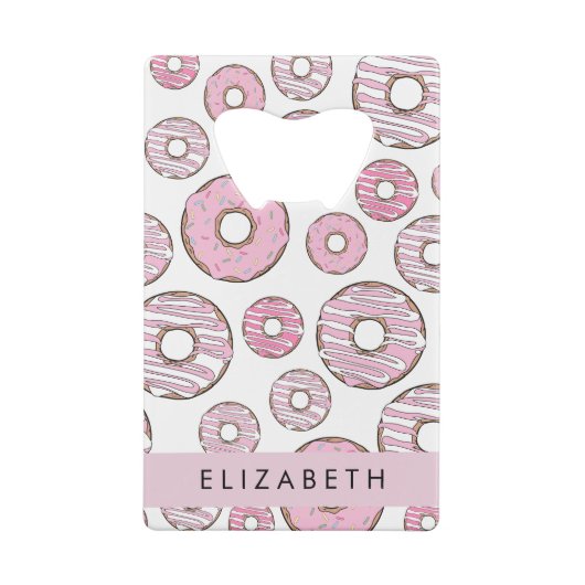 Patroon van donuts, roze donuts, ijs, Jouw naam Creditkaart Flessenopener (Achterkant)
